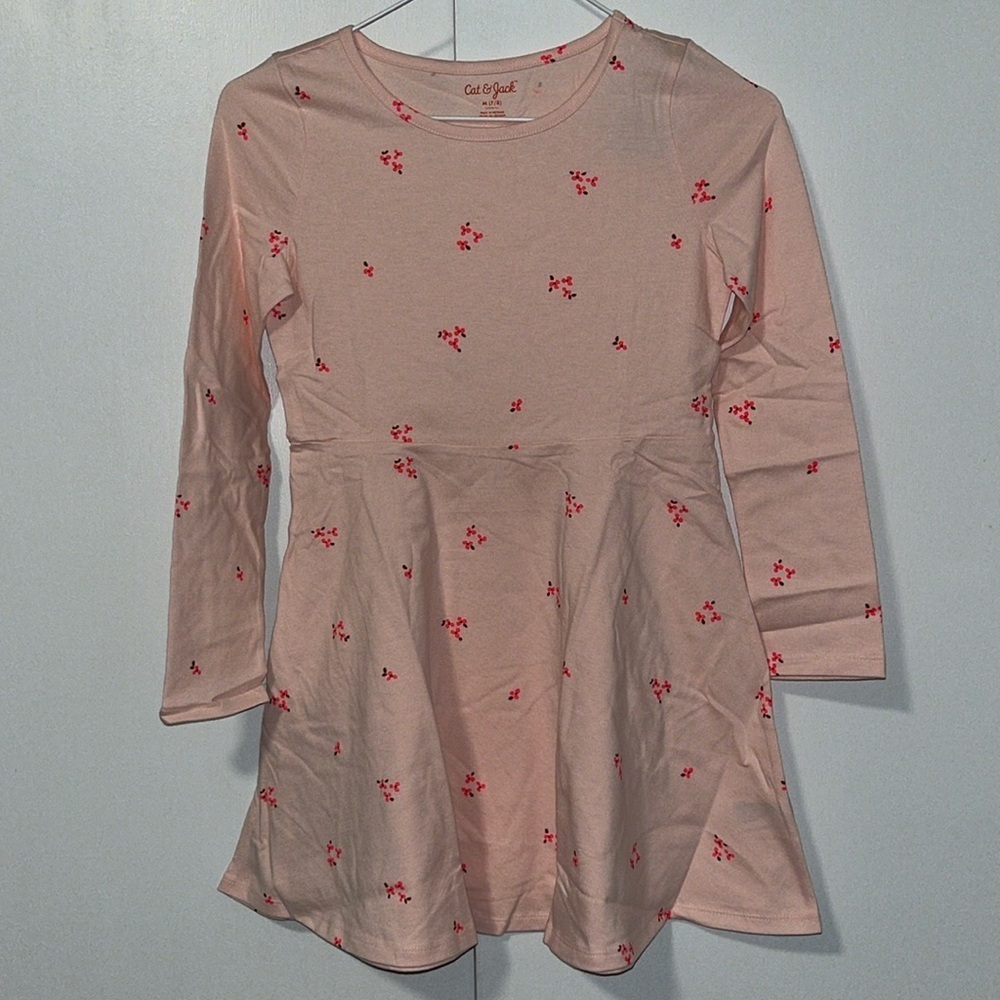 Cat & Jack Girl’s Long Sleeve T-Shirt Dress Peach Pink Floral Size M 7/8